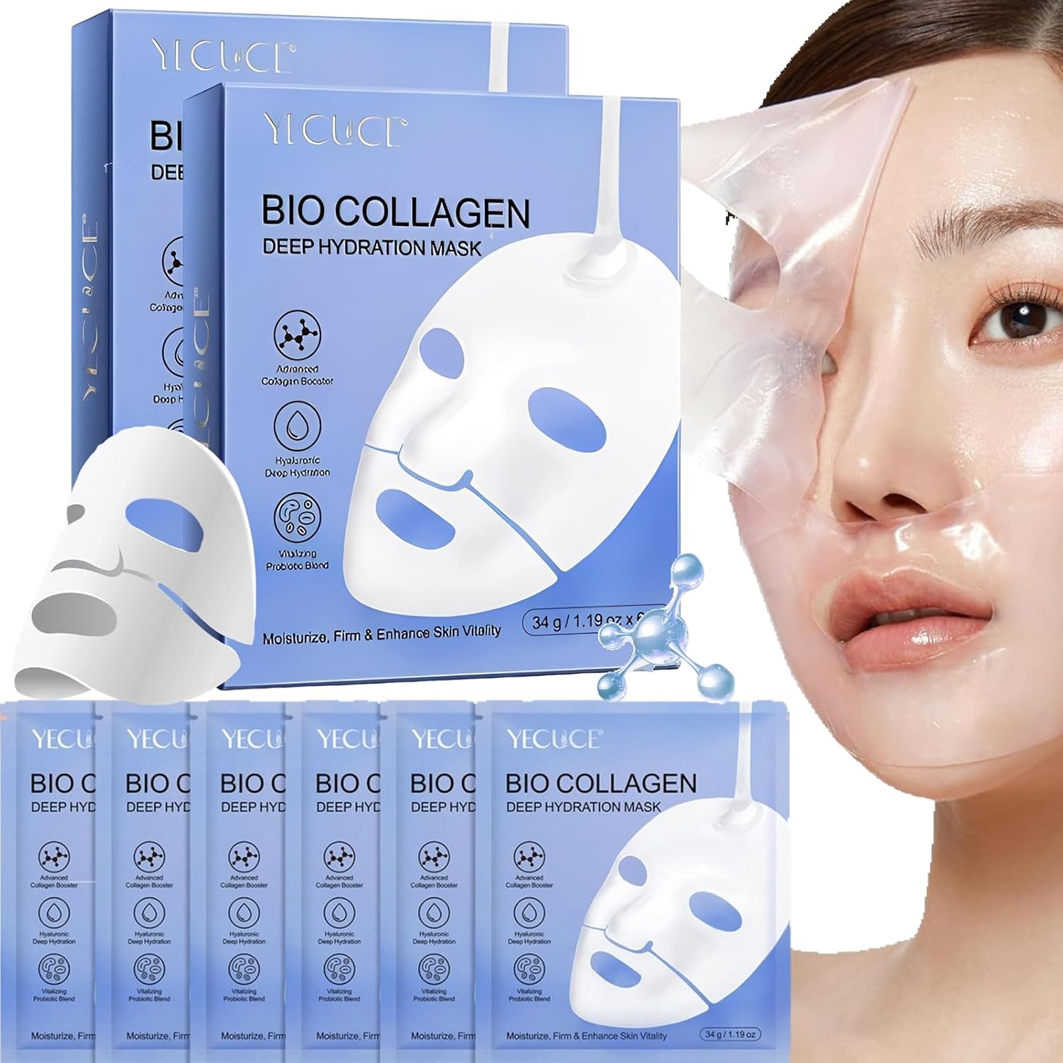 Masque Collagene, Masque Collagene Visage Korean, Masque de nuit au Collagène - Hydrate, Raffermit et Améliore La Vitalité de La Peau (34g x 12ea)