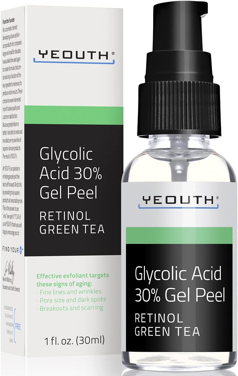Acide Glycolique Peeling Gel 30% avec Rétinol et Thé Vert Soin De La Peau Éclatante - Peeling Visage Professionnel Exfoliante, 30ml