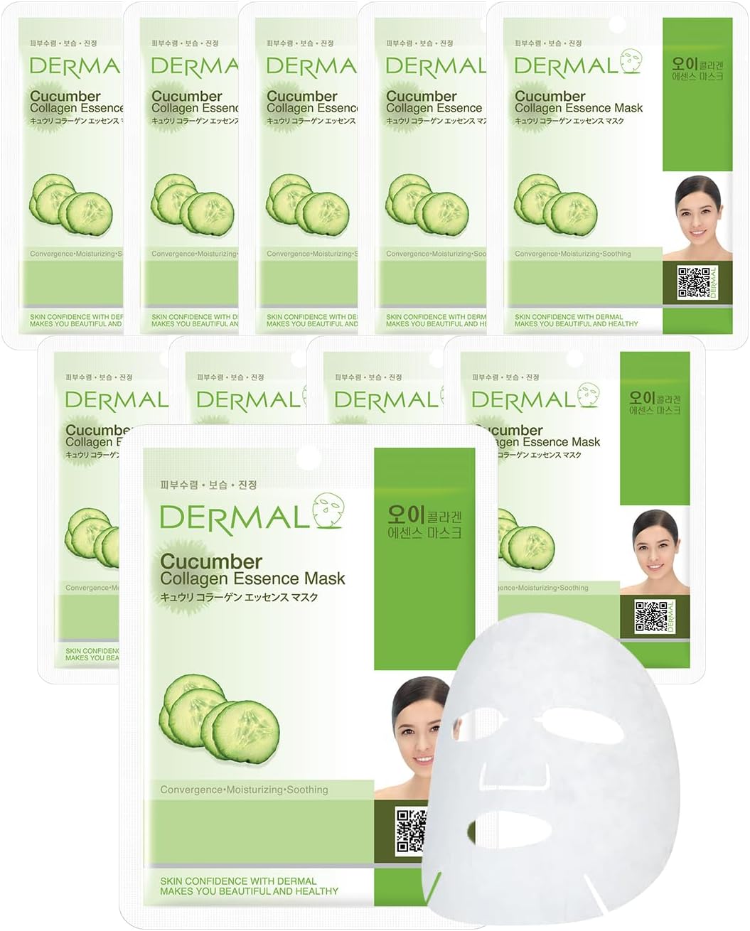 DERMAL Masque Facial Coréen à l'Essence de Collagène de Concombre 10 Feuilles - Rougeurs hydratantes, apaisantes et calmantes - Coups de soleil et soins après-soleil