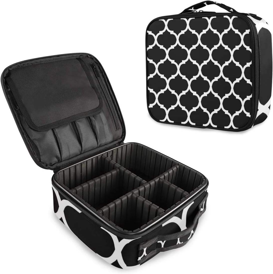 Mnsruu Trousse de maquillage marocaine noire et blanche avec compartiments réglables