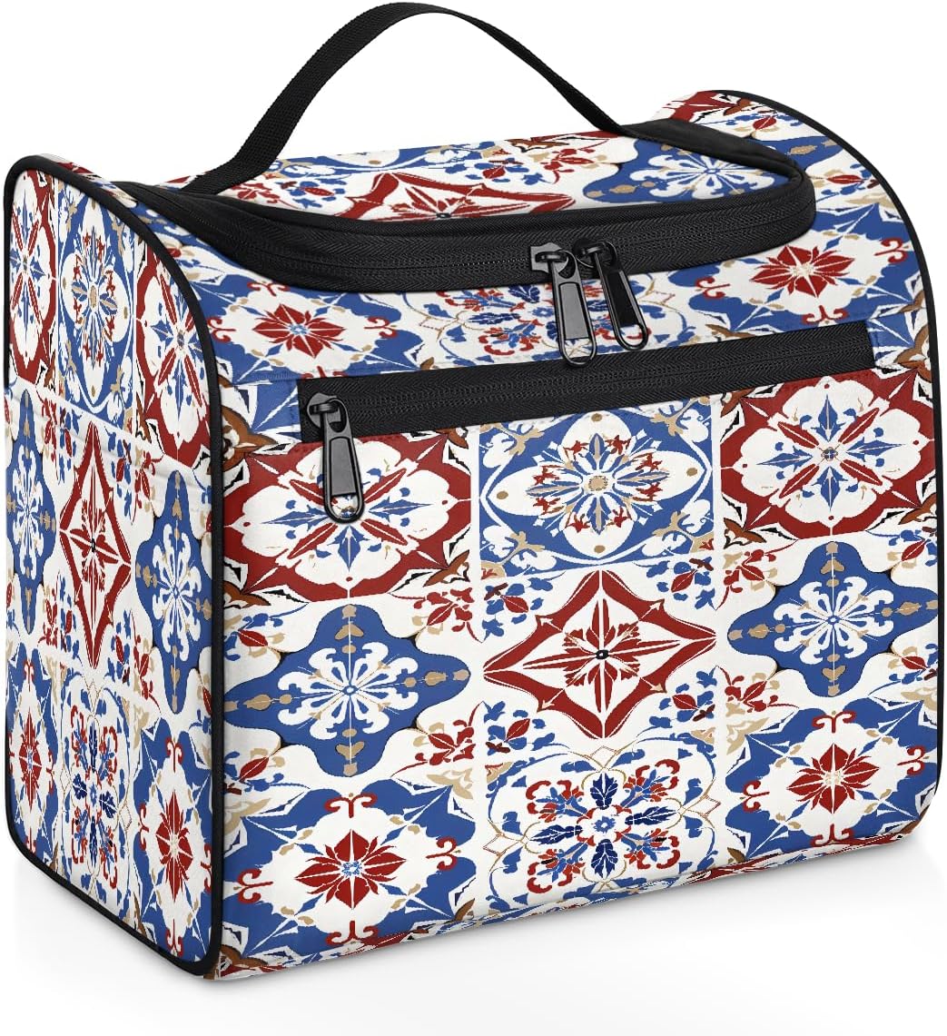 Trousse de toilette à suspendre ethnique marocaine pour femmes et hommes, grande trousse de maquillage imperméable pour voyage, multicolore, 10.2 x 6.5 x 9.2 inches, Trousse de toilette