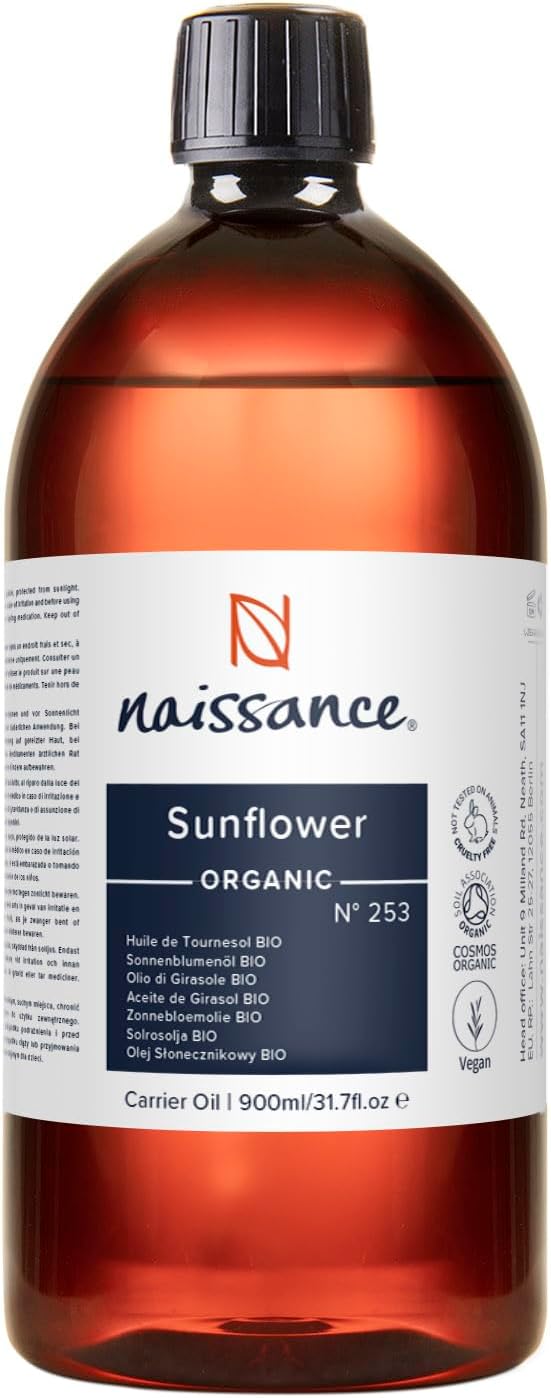 Huile de Tournesol Certifiée BIO (No - 253) - 900ml - Pure et Naturelle, Soins Intensifs Visage, Corps, Cheveux, Peau, Barbe, Ongles, Cosmétique