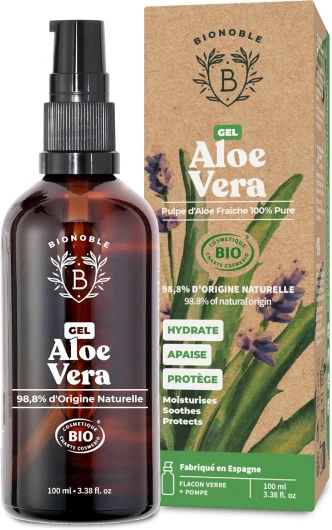 Gel Aloe Vera Bio 100% Pur Aloe 100ml - Flacon Verre Recyclable + Pompe - Gel Aloe Vera Cheveux Bouclés, Hydratant Crème Aloe Vera Visage, Soin Coup de Soleil Corps - Aloe Vera Gel Bio