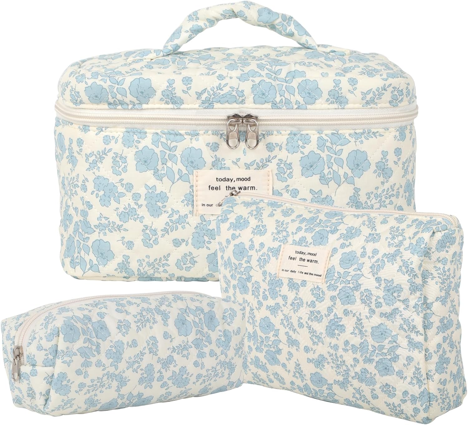 Lot de 3 Trousse de Toilette Femme Voyage en Coton, Floral Trousse de Maquillage, Pochette de Rangement Makeup Bag Grand Capacité, Trousse de Beauté Trousse Matelassée Cosmétique pour Femme Fille
