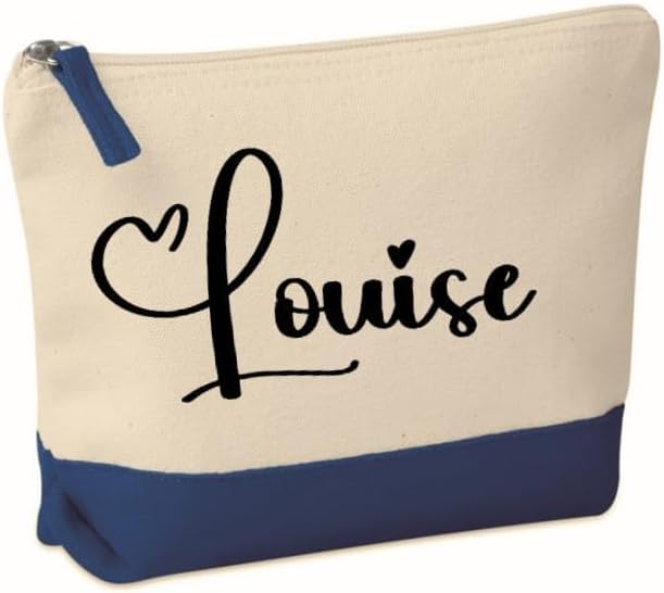 Trousse de Toilette, Pochette de Maquillage avec prénom personnalisée 20x15x5cm, Cadeau, noël, Femme (Nature/Bleu)