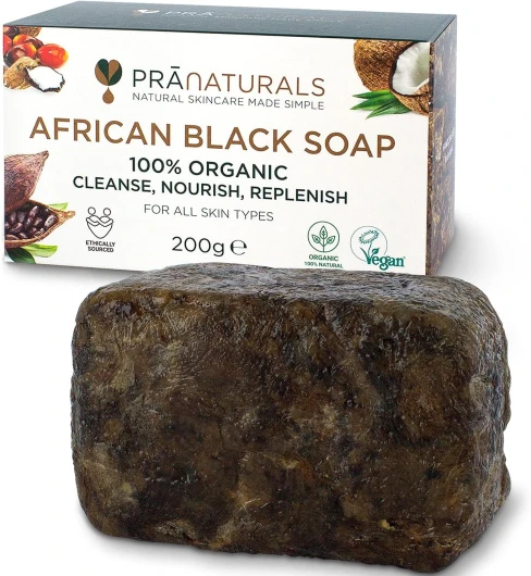 Savon Noir Africain Organique Pranaturals 200g, Cosmétique Végétalien - Pour Tous Les Types de Peau, Fabriqué À La Main Au Ghana, Détoxifiant Pour la Peau et le Visage
