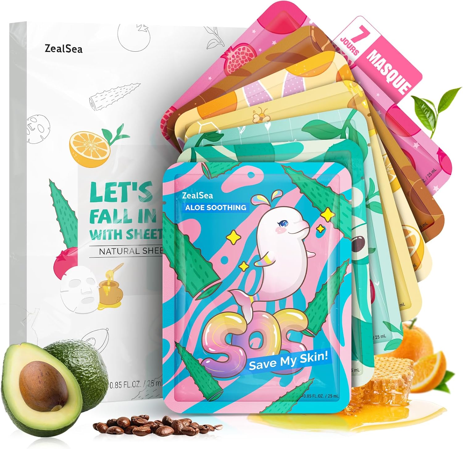 Masque Visage, Masque Hydratant Visage, Masque Visage Femme, ZealSea Naturel Soins pour le Visage, Beauté Kawaii Masque Tissu Visage pour Enfant Fille pour l'anniversaire & Pyjama Party, 7 Unité