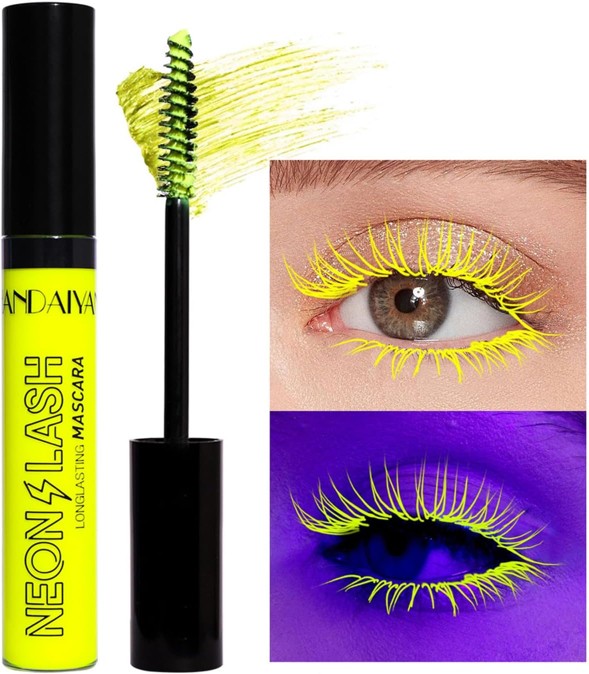 Mascara lumineux UV, Mascara Fluorescent de couleur arc - en - ciel, Mascara de couleur néon imperméable à l'eau, extension de cils bouclés extension de mascara Halloween Party stage use (#1 Jaune)