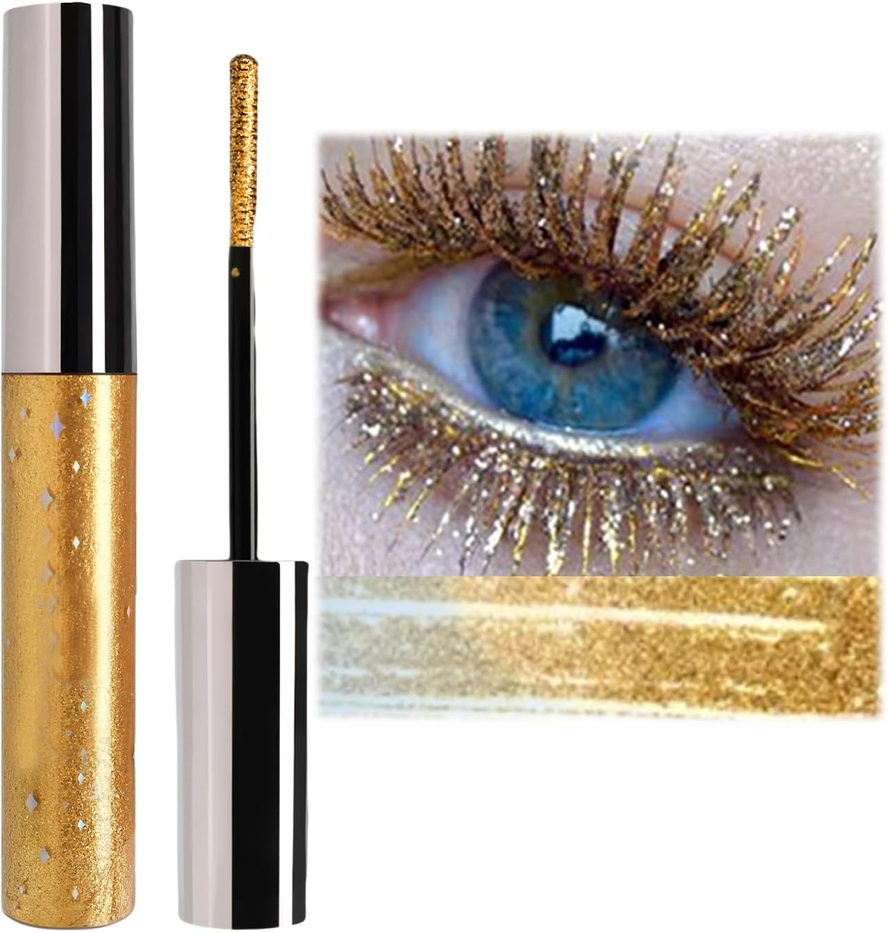 Lilbitty Mascara doré à paillettes, imperméable, à haute teneur en pigments, cils longs et denses, soin doux pour des cils sains, pas de formation de grumeaux