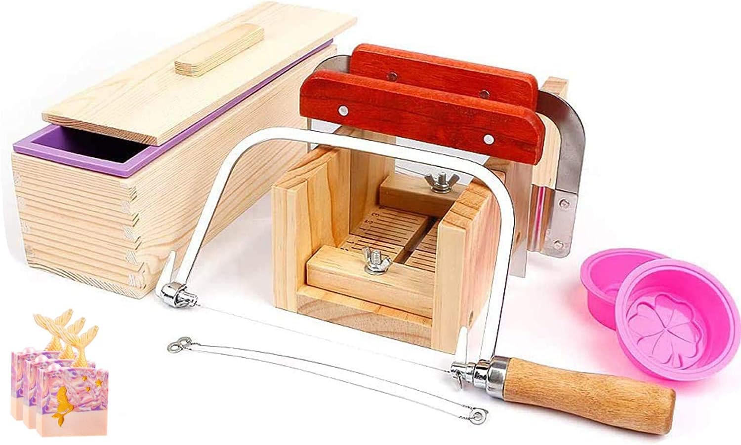 RAIN QUEEN Moule à Savon Boîte en Bois Rectangulaire avec Couvercle Moule en Silicone Coupe Trancheuse Lame Coupe à Savons Outil de Fabrication Faite à la Main Savon Bricolage Réglable