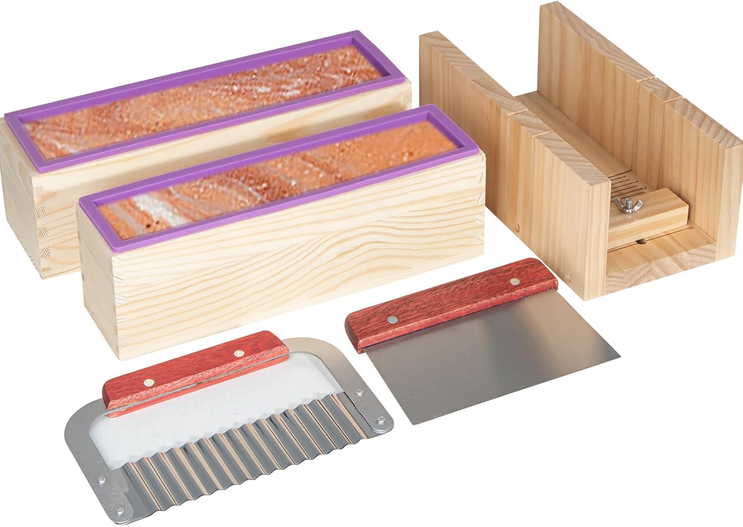 Kit de fabrication de savon en silicone avec boîte en bois, boîte de coupe réglable pour la fabrication de savon, grattoir droit et ondulé en acier inoxydable inclus