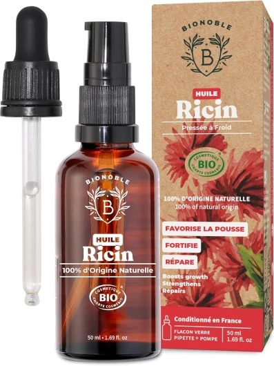 Huile de Ricin Bio 50ml - 100% Pure, Naturelle et Pressée à Froid - Cils, Sourcils, Corps, Cheveux, Barbe, Ongles - Vegan, Cruelty Free - Castor Oil - Bouteille en Verre + Pipette + Pompe
