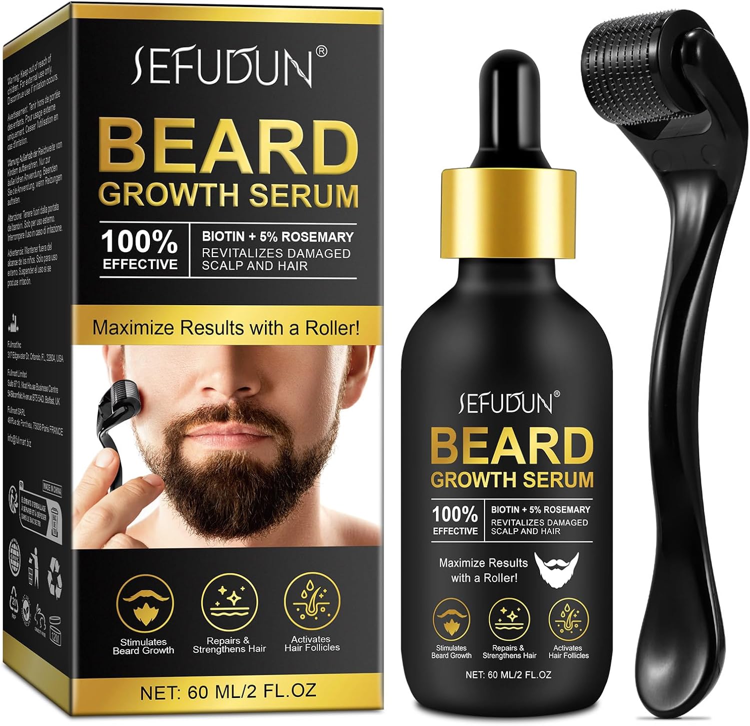 Huile à barbe homme,60ML,5% Huile de Romarin Huile Barbe Homme Pousse Rapide,Avec Roller 0,25 mm,Kit Barbe Homme Pousse Soin,Roller Kit Huile de Croissance de Barbe Pour Homme,Cadeau Homme