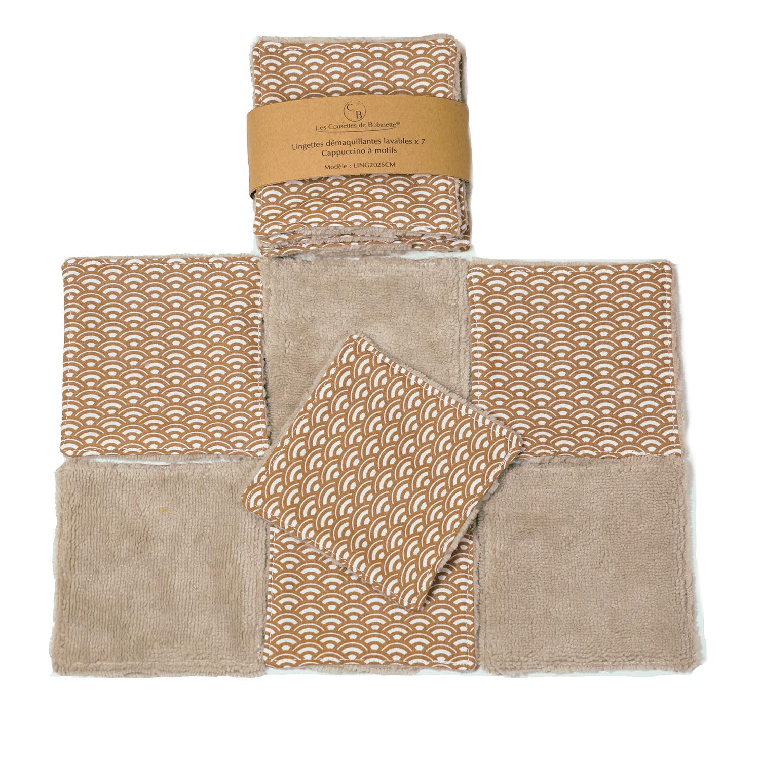 Lingettes démaquillantes lavables bambou, cotons réutilisables, pads, fait main, lot de 7 (Cappuccino à motifs)