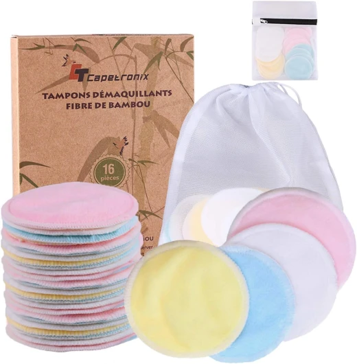Tampons Démaquillants fibre de bambou丨disques coton demaquillant lavable丨16pcs+ 2 Sac de lavage丨Matériau en fibre de bambou souple 丨Lavable et réutilisable