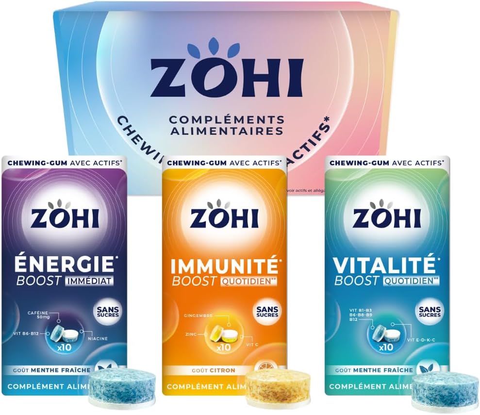 Coffret découverte ZOHI Chewing-gum sans sucres avec actifs - Complément alimentaire avec édulcorants - Boîte de 12 plaquettes de 10 chewing-gums (4x Energie, 4x Immunité & 4x Vitalité)