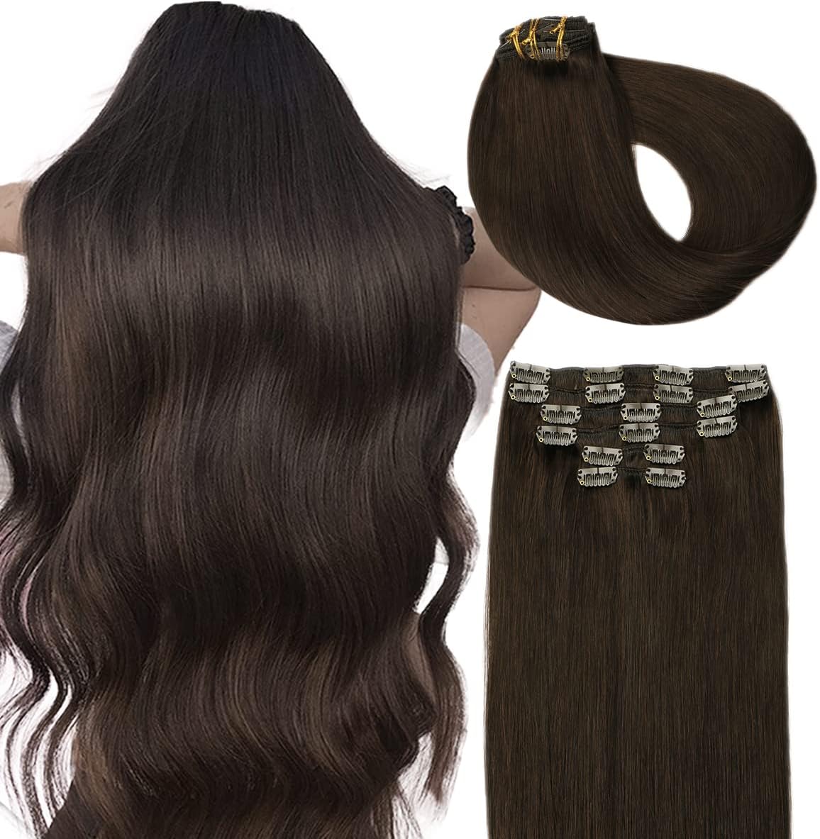 Clip Extension Cheveux Marron Foncé #2 Vrai Cheveux Clip Naturels Humain Extension Cheveux a Clip Naturelle Clip in Hair Extensions 14 pouces/35cm 100g(#2-14")