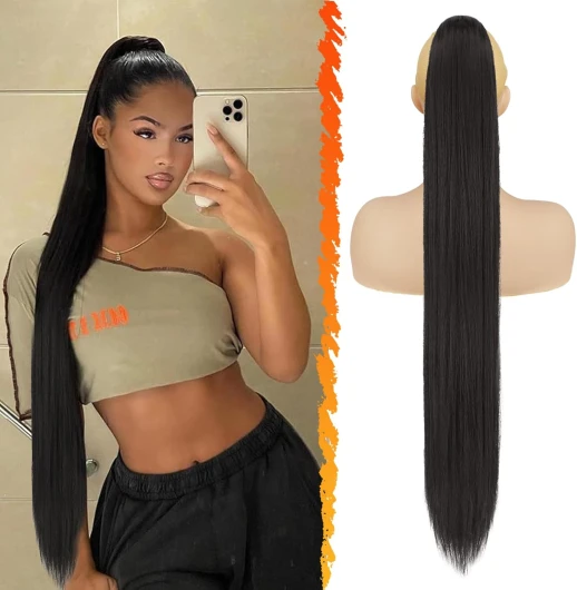 Longue Raides Queue de Cheval Extension - 86cm Noir Queue de Cheval Extension de Cheveux avec Cordon Synthétique Faux Queue de Cheval Postiche Clip Queue de Cheval pour Femmes - Noir Naturel