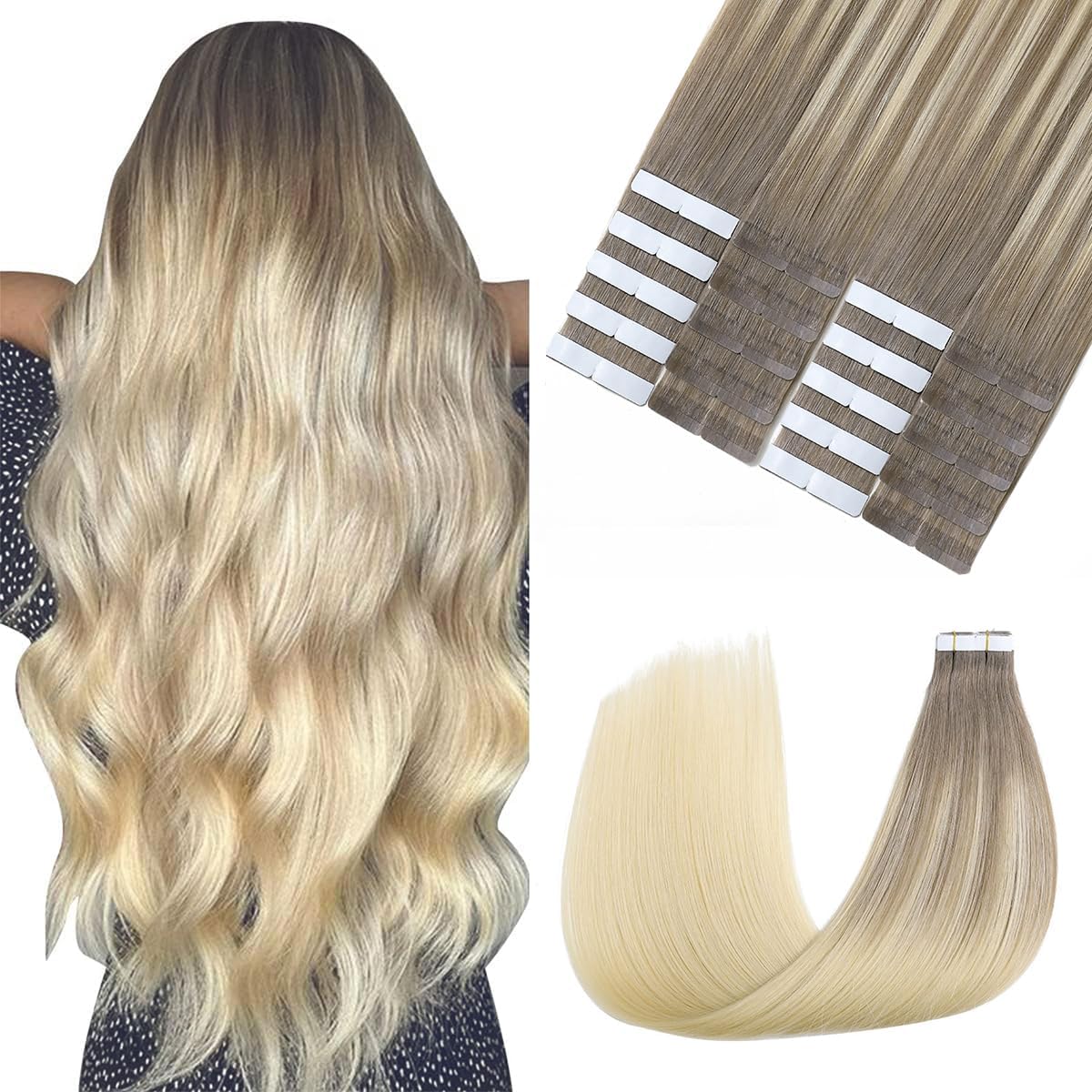 Extension Adhesive Cheveux Naturel, Brun Cendré à Blond Platine 40CM 20PCS 50G Extension Cheveux Naturel Adhesif (T40-8/60)