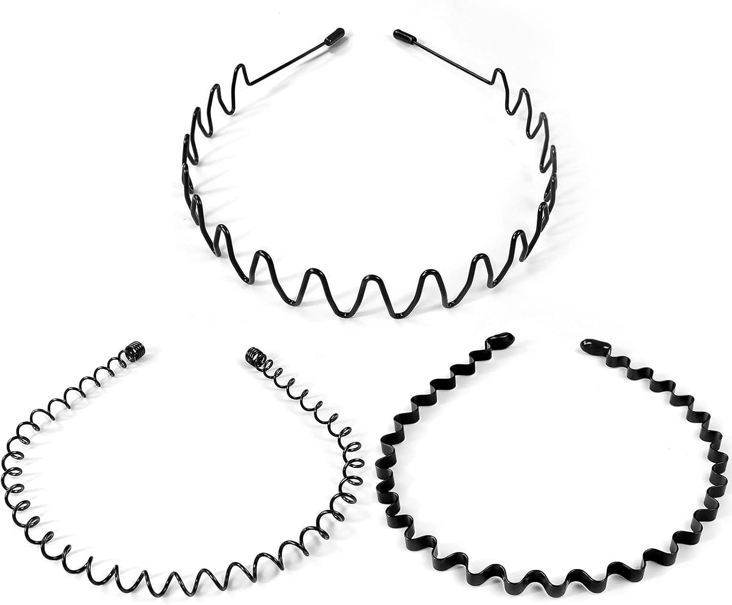 3 Pcs Serre Tete Homme, Bandeaux en Métal, Bandeaux Ondulés Unisexes, Bandeau Cheveux, Antidérapant Hoop Band pour l'extérieur, Sport, Yoga, Maquillage (Noir)