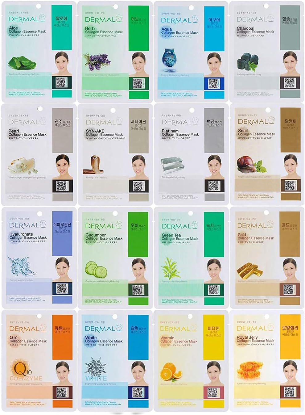 16 Combo Pack Une feuille de masque facial complet à l'essence de collagène - Masque facial coréen apaisant, anti-acné, nourrissant et nettoyant - Masque facial naturel pour le soin de la peau 16A Combo Pack