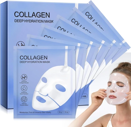 Masque Collagene, 6 Pièces Masque Collagene Visage Korean, Bio Mask Collagen - Masque Anti-Rides au Collagène Profond pour Tous Types de Peau, Réduction des Pores, Amélioration de l'Élasticité 6 unité (Lot de 1)