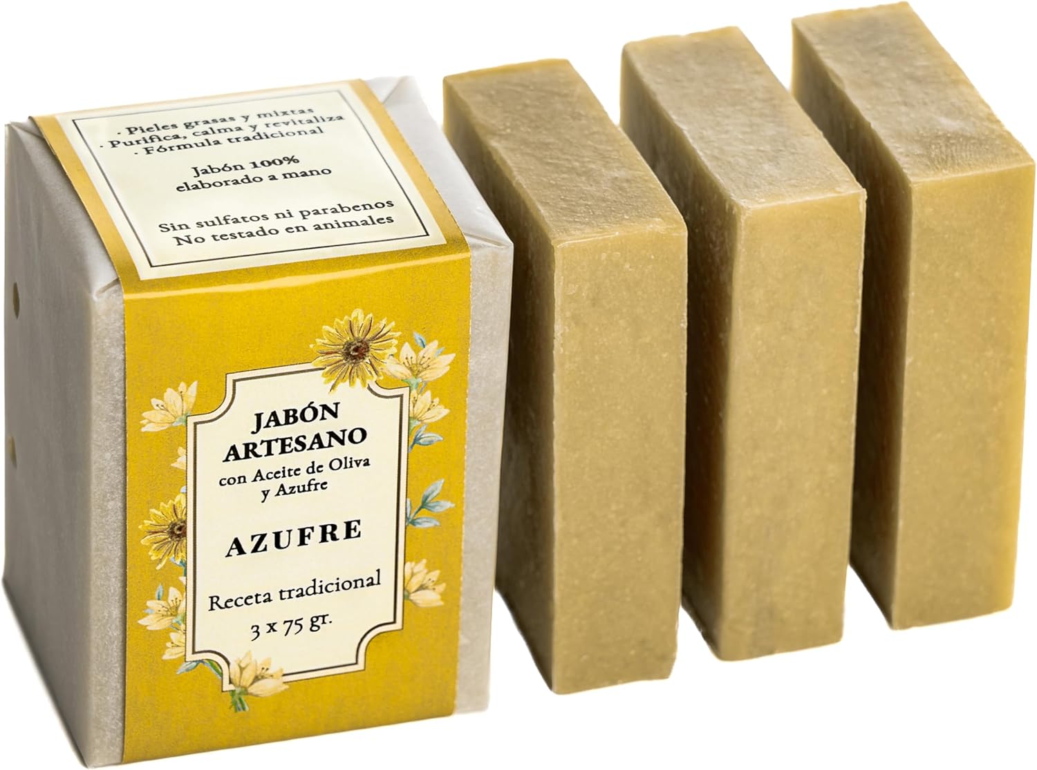 CABRERIZO SOAP au Soufre – 3 Savons Artisanal à l’Huile d’Olive 3 x 75 g, SAVON SOUFRE – Savon Naturel Visage Acné, les Points Noirs et la Dermatite – Nettoyant Purifiant Peau Grasse