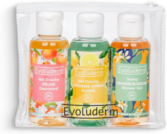Trousse Gels Douche – Gel Douche Pêche 100 ml + Citron Acidulé 100 ml + Fleur D’Oranger 100ml – 96% d’Ingrédients d’Origine Naturelle - Végan - Fabrication Française