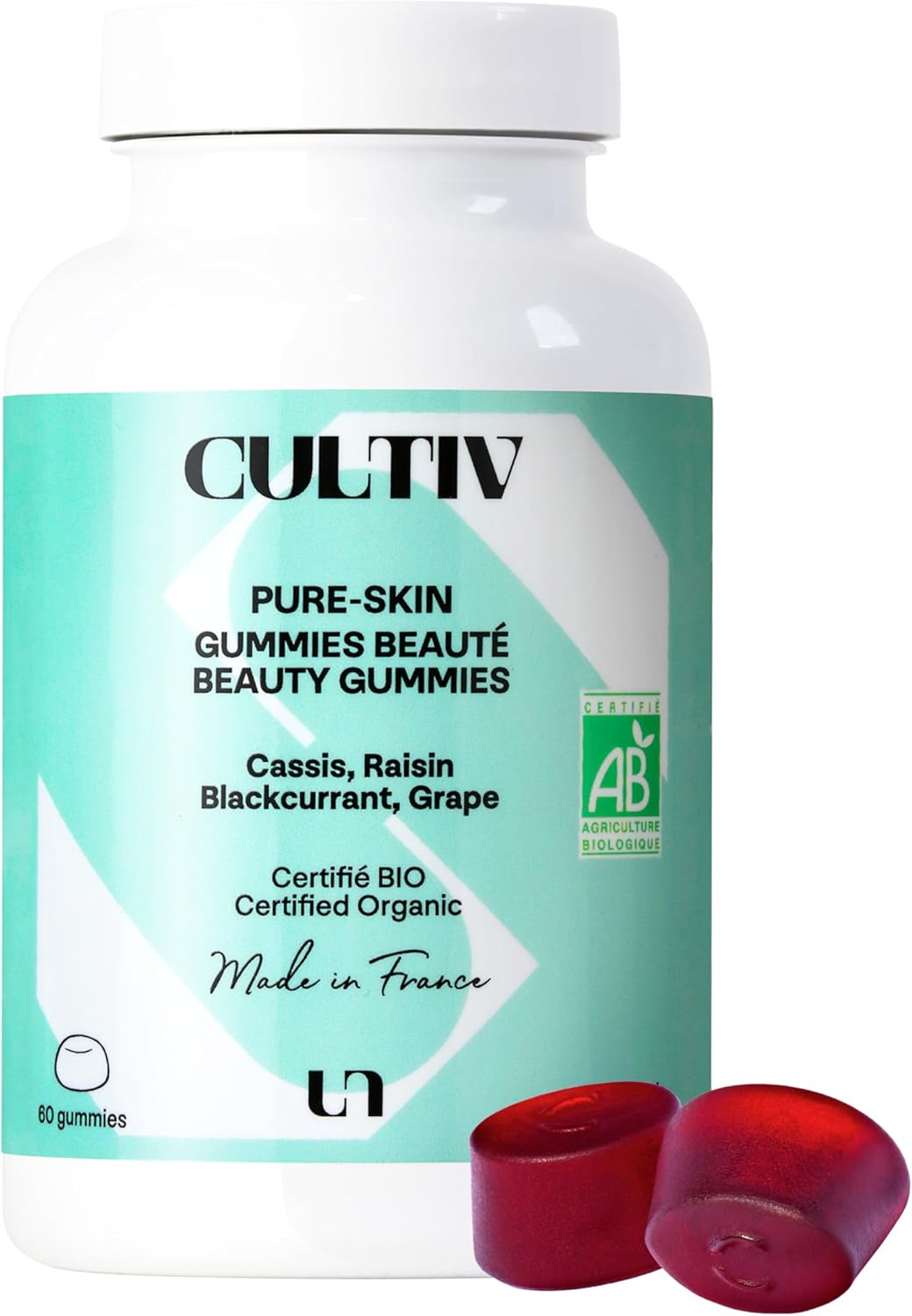 Cosmétique - PURE-SKIN Complément alimentaire peau nette - Efficacité prouvée - Peau saine, éclatante, sans imperfection - Zinc, Ortie, Antioxydants - Bio & Vegan - Made in France - 60 Gummies 1 mois