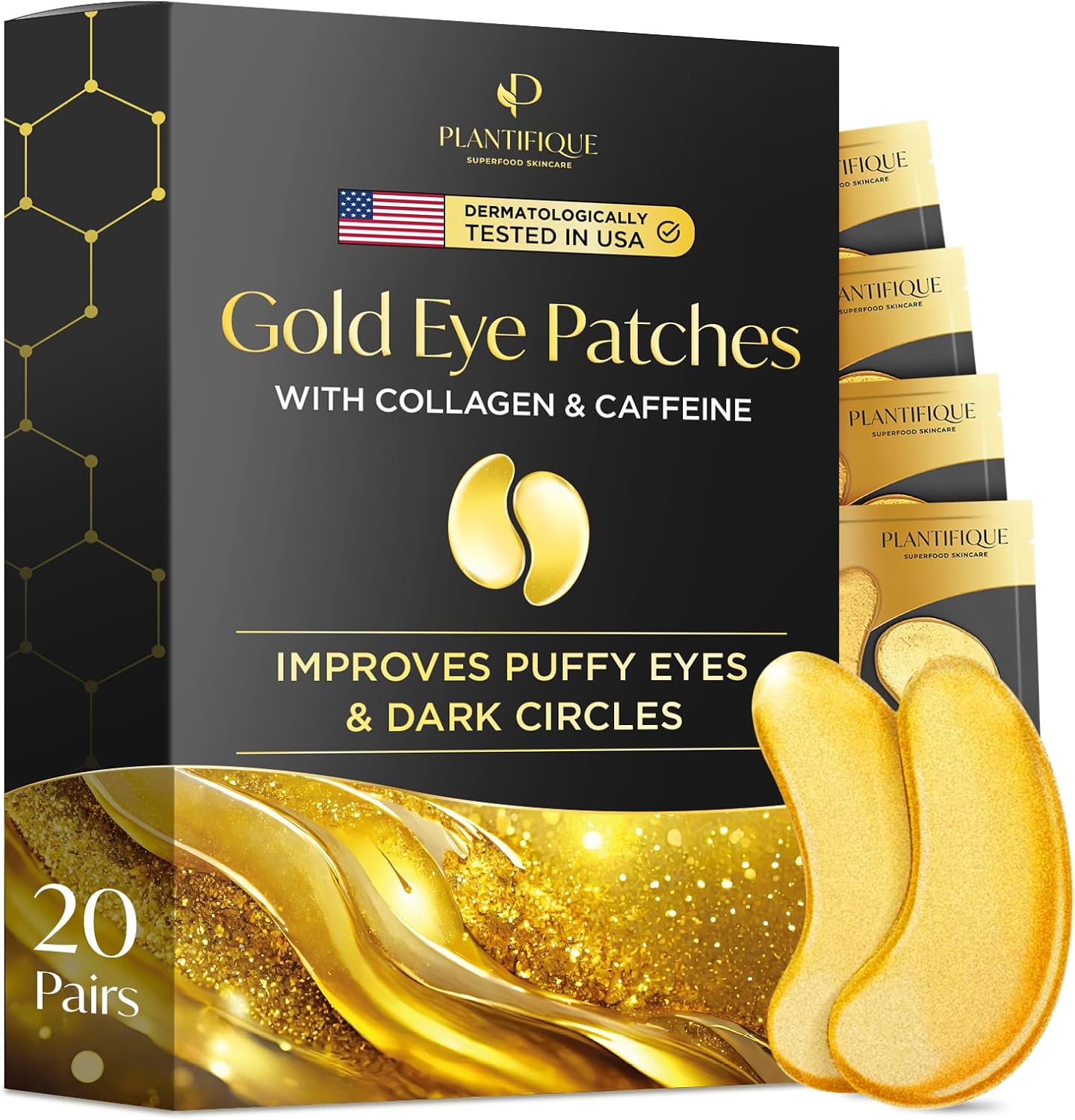 Skincare Patch Yeux Anti Poche Cernes - Masque Visage Collagene Hydratant - Contour Yeux Femme et AntiCerne Homme - Soin Visage Anti Rides - 20 Paires Dorés 20 paires