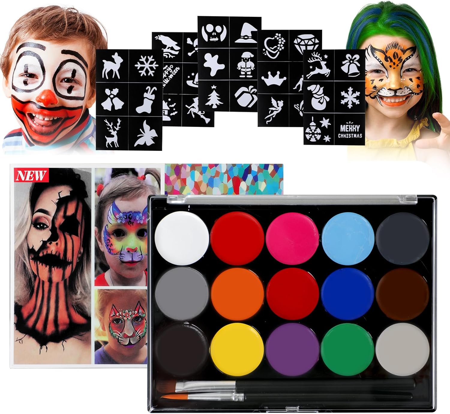 Palette de Maquillage Enfants Kit - Peinture Faciale 15 Couleurs Palette de Maquillage pour Enfants et Adultes pour Halloween, Carnaval, Fête d'anniversaire, Spectacle de Scène, Noël (C)
