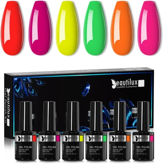 Vernis Semi Permanent Fluo, 6 Couleurs 10ml Vernis Semi-permanent, Vernis à Ongles Gel UV Gel Soak Off pour Manucure Nail Art Kit, Halloween (Série de couleurs fluorescentes)