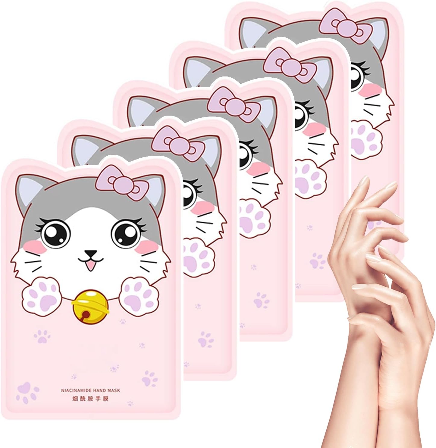 5PCS Gants Hydratants Pour Les Mains, Masque De Soin Des Mains, Gants Nourrissants, Gants Hydratants Pour La Nuit Pour Les Mains Sèches Et Gercées, Niacinamide Masque pour les mains de chat Rose 、