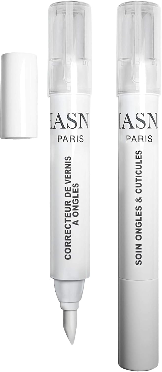 HASNA PARIS - DUO Stylos Correcteur vernis à ongles Dissolvant sans acétone avec pointes de rechange & Soins ongles cuticules réutilisable avec des pointes de rechange et un résultat parfait 2x3ml
