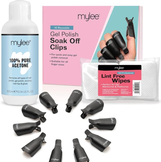 Ensemble Dissolvant Vernis Semi-Permanent - Acétone Pure 300ml + 100 Lingettes Non Pelucheuses + 10 Pinces Ongles - Dissolvant Vernis Gel, Lingettes, Clips Réutilisables, Manucure Pédicure