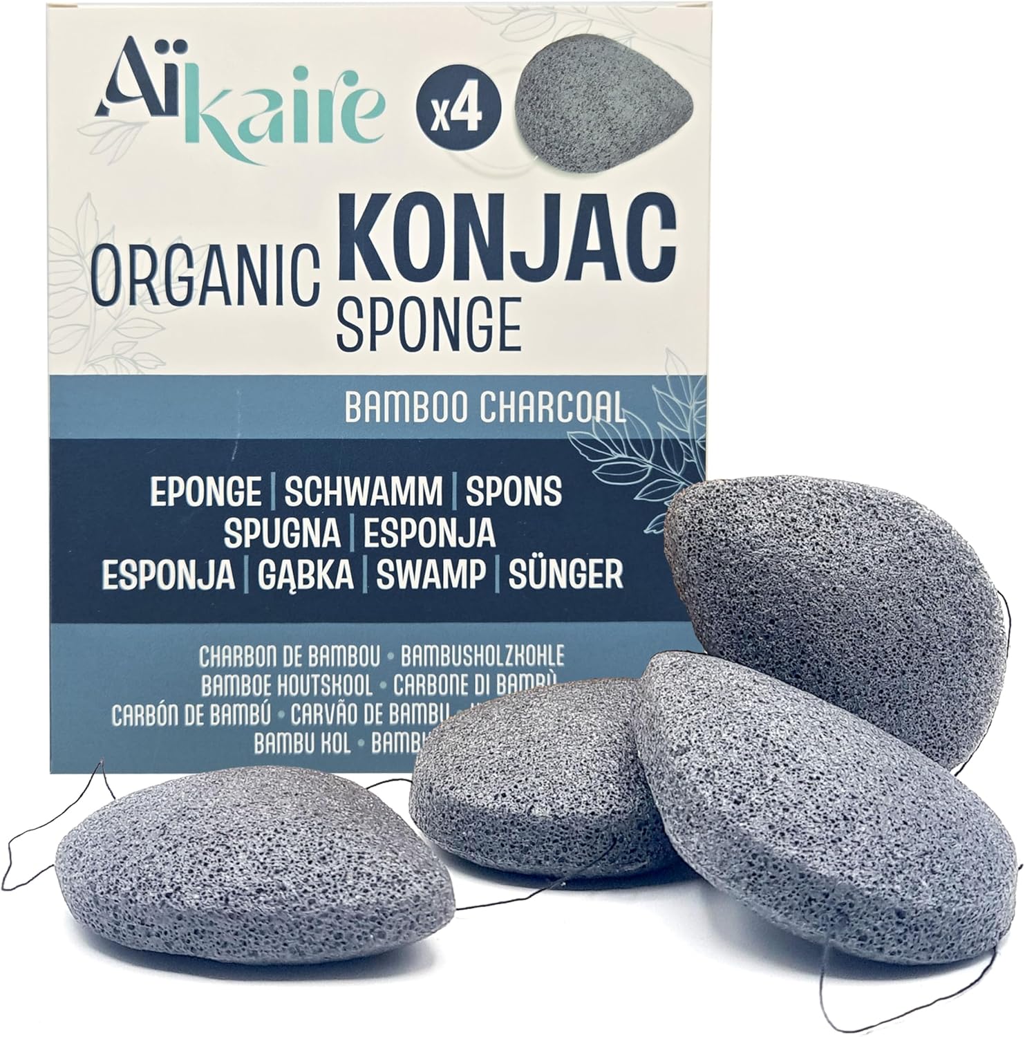 Eponge de Konjac Bio pour le visage associé au charbon actif - Lot de 4 éponges en forme de gouttes - Eponge végétale naturelle nettoyante