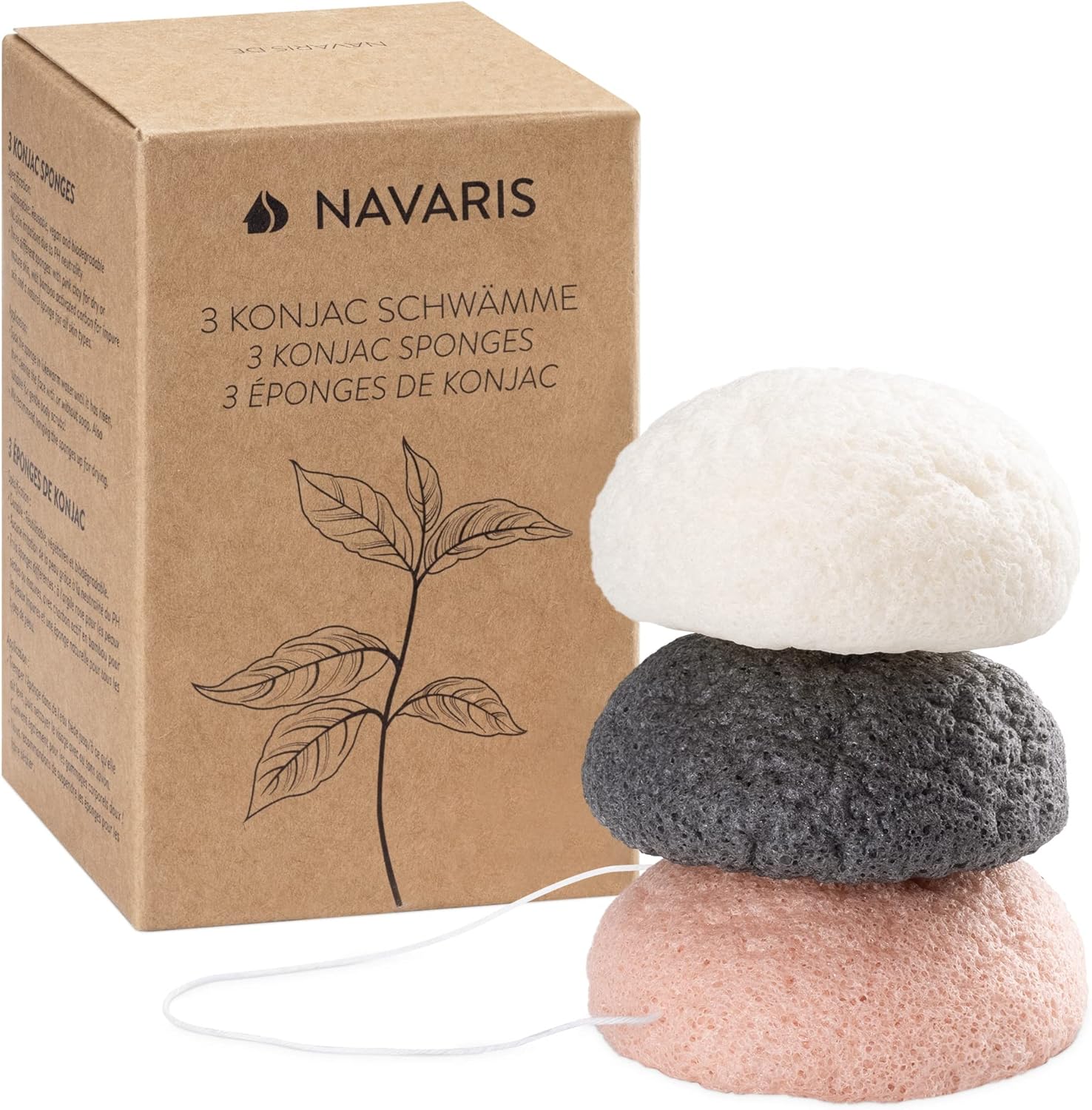 Éponge konjac - Lot 3 éponges de konjac pour visage tout type de peau 100% naturel biodégradable 1x charbon actif 1x argile rose 1x blanche 3 unité (Lot de 1) Fuchsia / Noir / Blanc