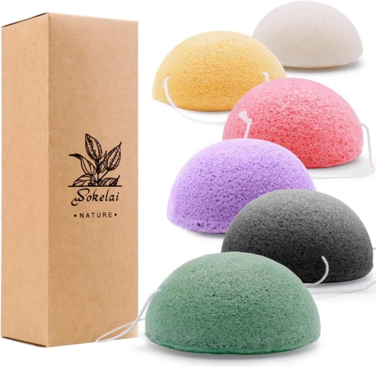 Lot de 6 éponges Konjac naturelles pour le visage - Pour le visage - Exfoliant pour le visage - Durable - Avec charbon actif et aloe vera - Pour tous les types de peau - Multicolore Vert, Violet, Noir, Blanc, Jaune, Rose