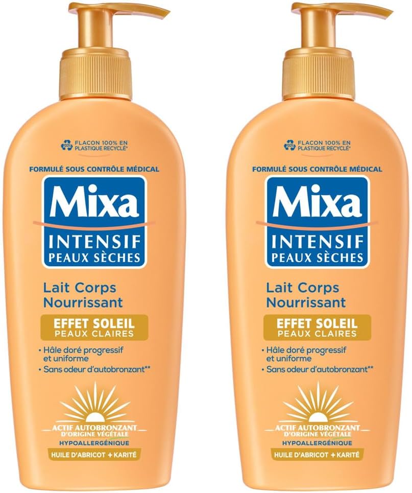 Intensif Peaux Sèches - Lait Corps Nourrissant Effet Soleil - Autobronzant - Hâle Doré Naturel Progressif et Uniforme - Peaux Claires - Hypoallergénique - Lot de 2, 250ml Peaux Claires 250 ml (Lot de 2)