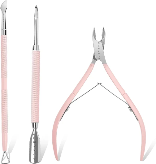 Coupe-cuticules avec poussoir à cuticules, 3 pinces roses pour cuticules à ongles, pédicure, pince à cuticules en acier inoxydable, poussoir à cuticules à double extrémité, grattoir à ongles