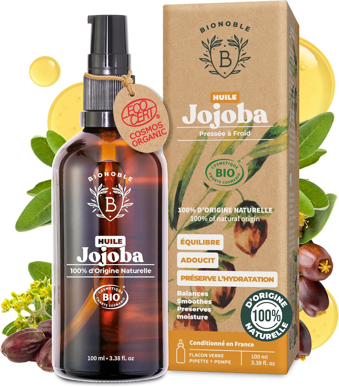 Huile de Jojoba Bio 100ml + Pipette et Pompe - Bouteille en Verre - Pure, Naturelle, Pressée à Froid - Visage, Corps, Cheveux, Barbe, Ongles - Vegan Jojoba Oil 100 ml (Lot de 1) Jojoba