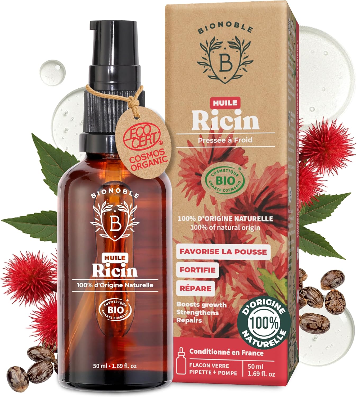 Huile de Ricin Bio 50ml - 100% Pure, Naturelle et Pressée à Froid - Cils, Sourcils, Corps, Cheveux, Barbe, Ongles - Vegan, Cruelty Free - Castor Oil - Bouteille en Verre + Pipette + Pompe 50 ml (Lot de 1) Ricin