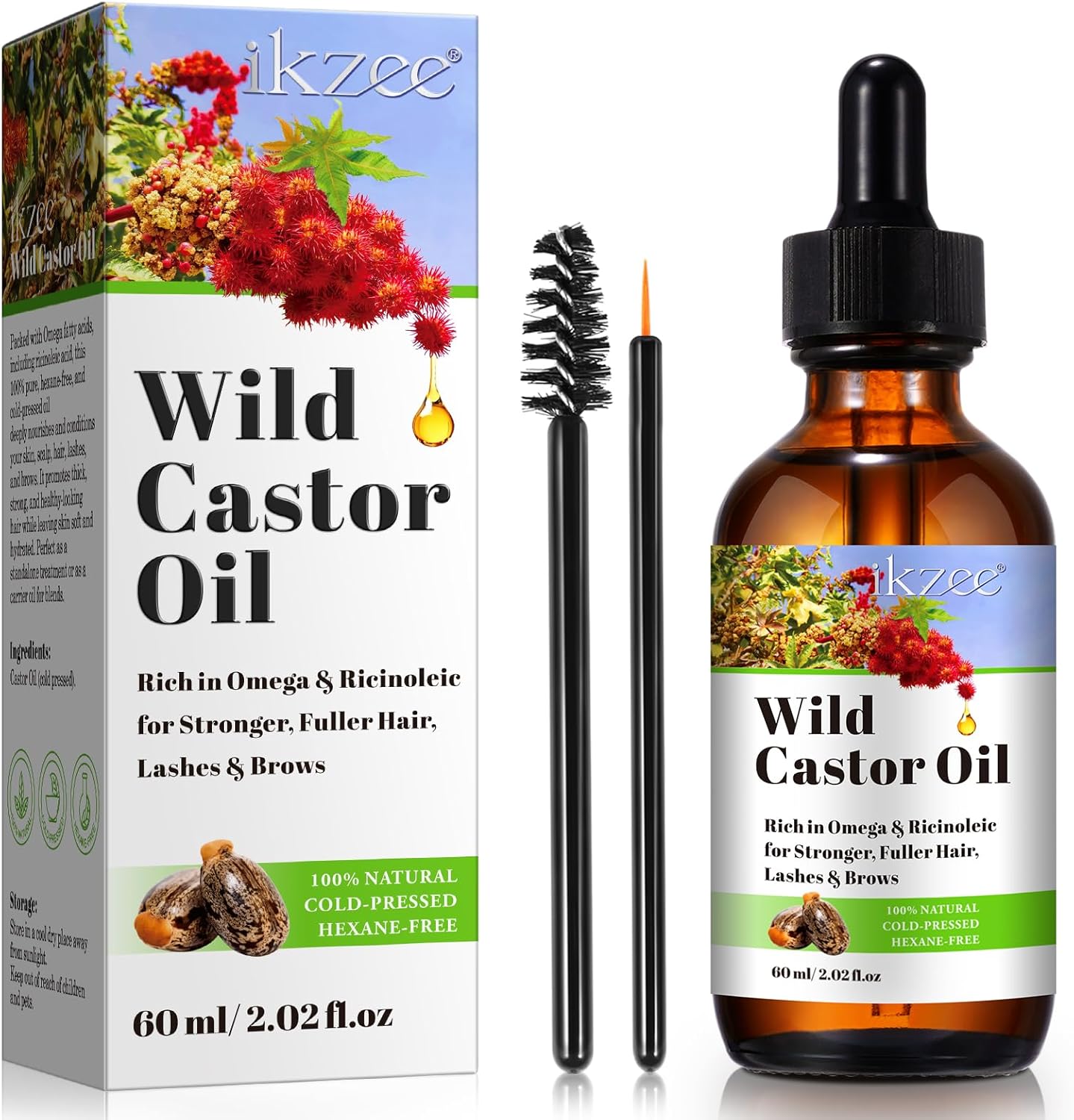 Huile de ricin pressée à froid - 100 % pure huile de ricin - Riche en oméga et en acide ricinoléique - 60 ml - Huile de ricin bio pressée à froid - Huile de ricin pour cheveux plus forts, plus denses