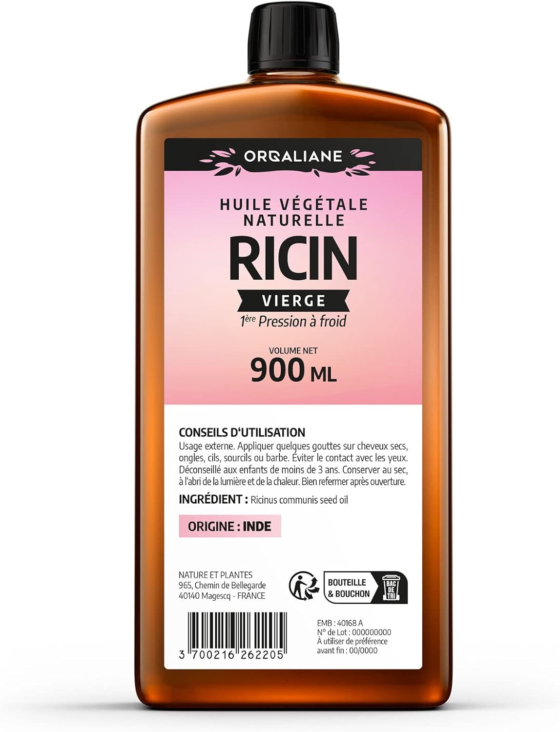 Huile de Ricin 900 ml - Orgaliane - Pure et Naturelle - Barbe, Cheveux, Cils, Ongles, Peau - 900 ml (Lot de 1)