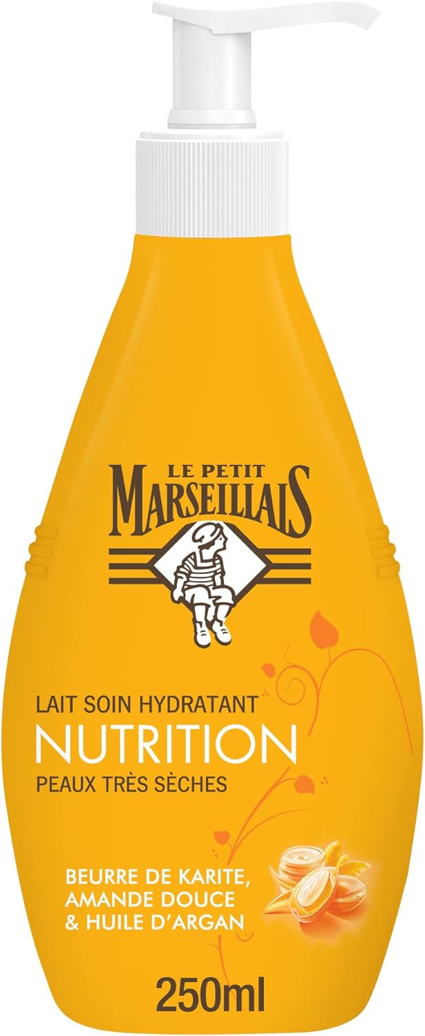 Lait Soin Hydratant Nutrition Peaux Très Sèches (flacon-pompe de 250 ml) – Lait corps au beurre de karité, amande douce et huile d'argan – 24 h de confort cutané 250 ml (Lot de 1) Argan Karité 250ml