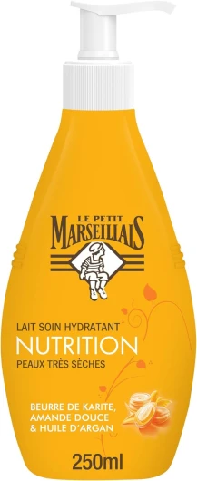 Lait Soin Hydratant Nutrition Peaux Très Sèches (flacon-pompe de 250 ml) – Lait corps au beurre de karité, amande douce et huile d'argan – 24 h de confort cutané 250 ml (Lot de 1) Argan Karité 250ml