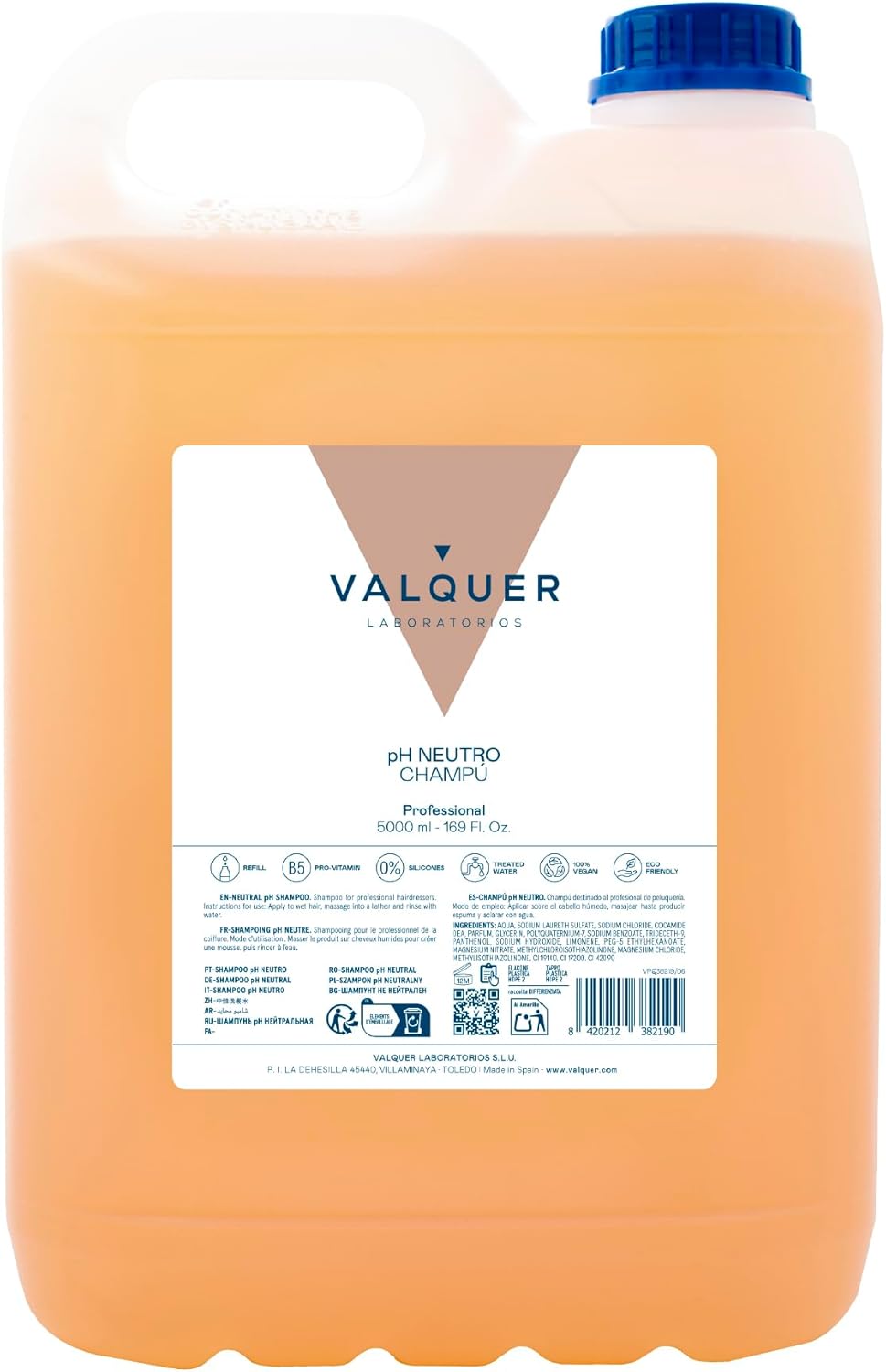 Valquer Profesional Shampooing Ph Neutre Revitalisant avec Brillance et Pro-Vitamine B5 pour Salon de Coiffure 5000 ml