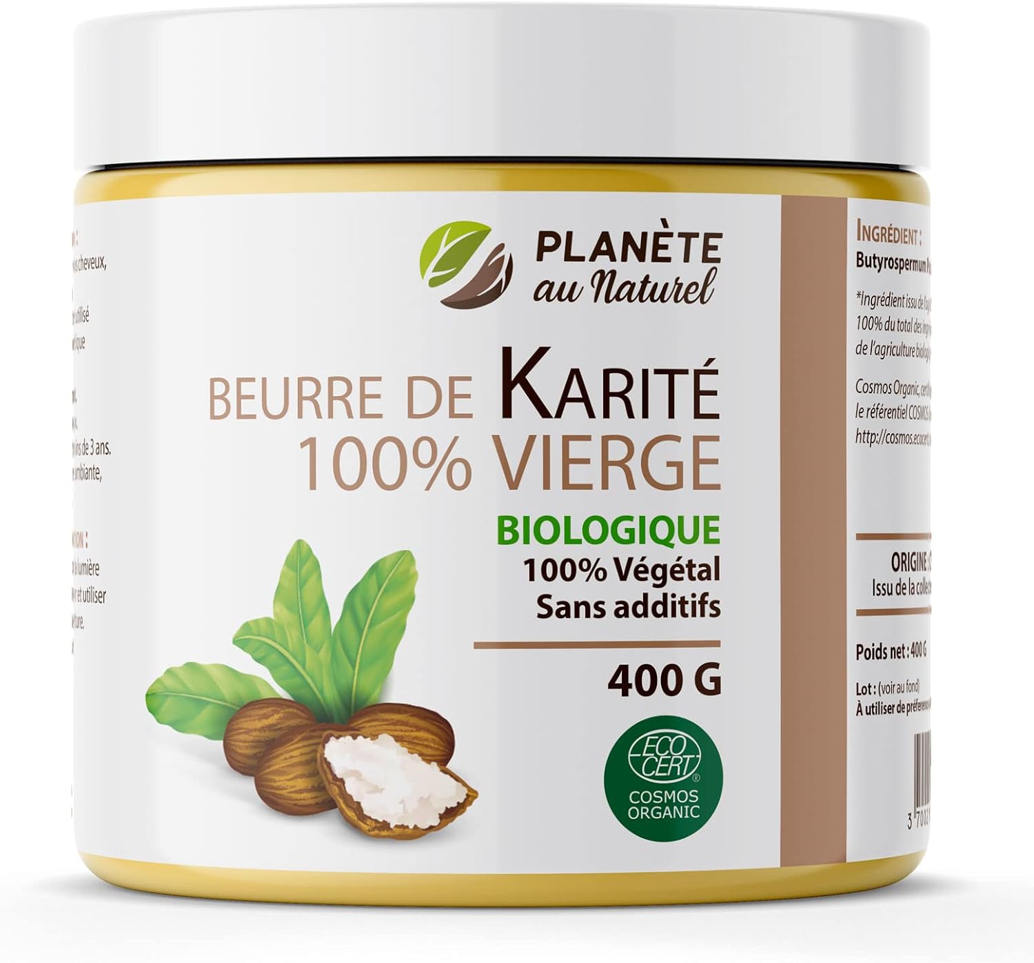 Beurre de Karité Bio 400 g - certifié bio - biologique - sans additifs - Non raffiné - Planète au Naturel -100% végétal - cheveux - corps - visage - pur - Végan 400 g (Lot de 1)