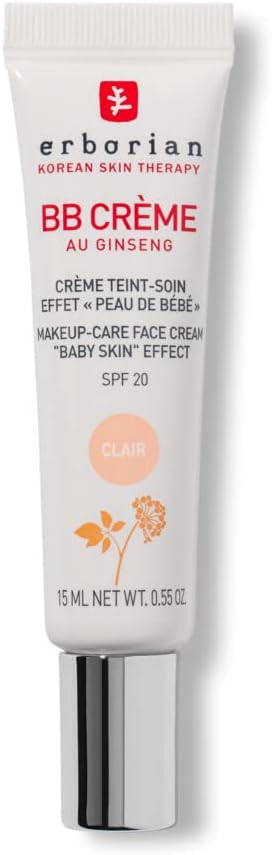 Erborian - BB Crème au Ginseng 5-en-1 - Soin Teinté Perfecteur Effet "Peau de Bébé" - Fond de Teint Couvrant Imperfections - Protection Solaire SPF 20 - Soin Cosmétique Coréen - 15ml 15 ml (Lot de 1) Clair