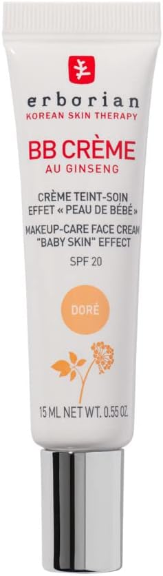 Erborian - BB Crème au Ginseng 5-en-1 - Soin Teinté Perfecteur Effet "Peau de Bébé" - Fond de Teint Couvrant Imperfections - Protection Solaire SPF 20 - Soin Cosmétique Coréen - 15ml 15 ml (Lot de 1) Doré